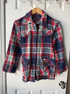 Vintage Women's Navy & Red Plaid Pea Coat - Classic Button Front